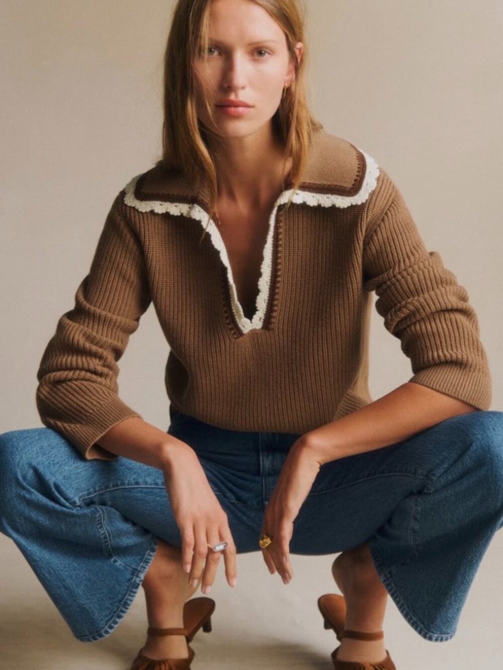 Sezane Ivane Sweater - Camel with Ecru Details - Size Medium - Like New